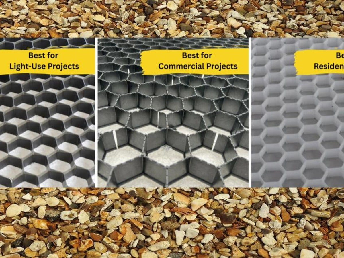 Three StablePAVE gravel grid panels - ECO, TRADE 30mm, and HD - laid side by side for comparison
